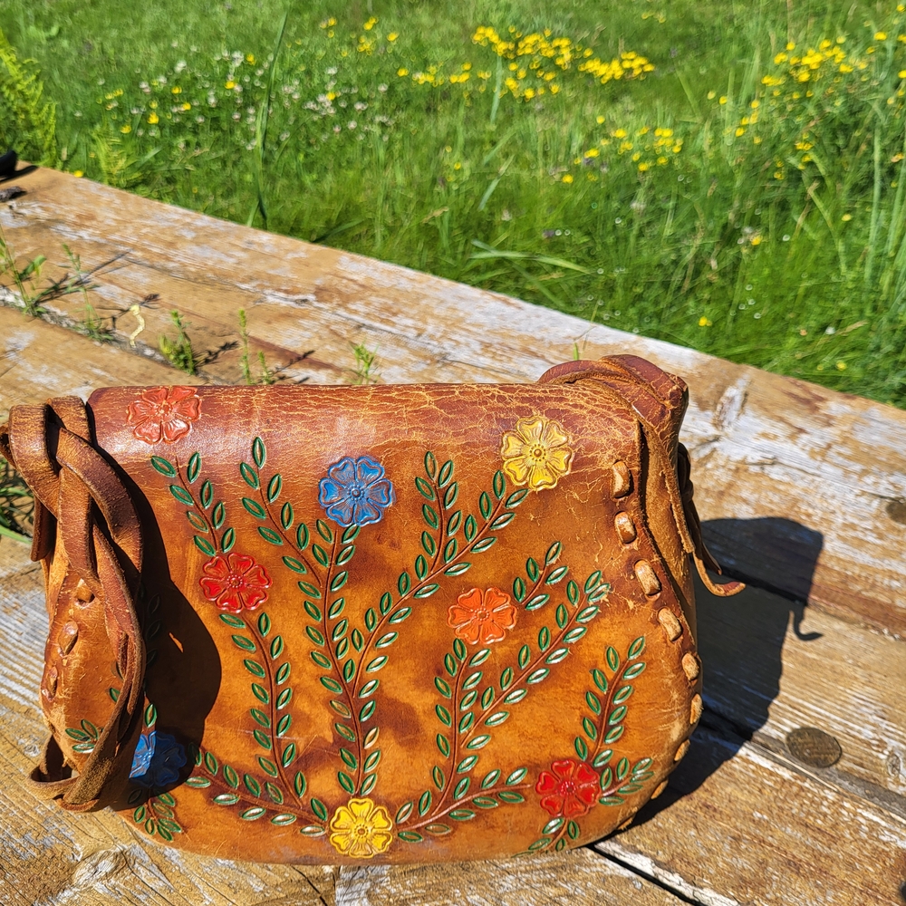 "Jessie's Girl" Floral Embroidered 1970s Tooled Leather Shoulder Bag